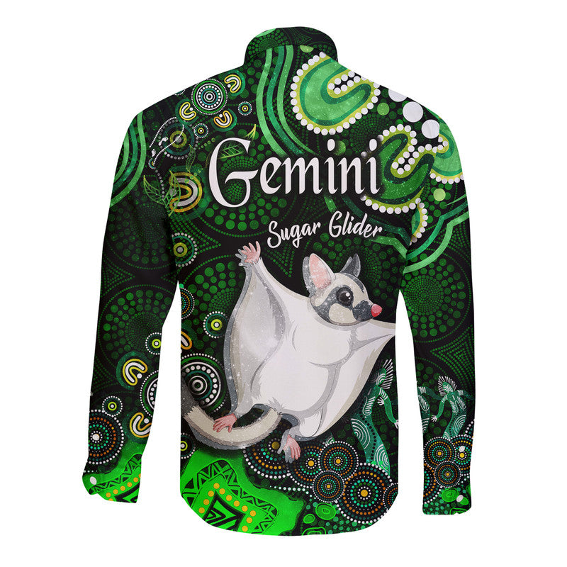 australian-astrology-hawaii-long-sleeve-button-shirt-gemini-sugar-glider-zodiac-aboriginal-vibes-green