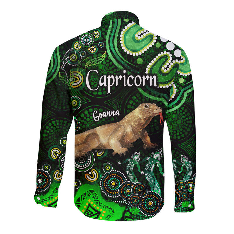 australian-astrology-hawaii-long-sleeve-button-shirt-capricorn-goanna-zodiac-aboriginal-vibes-green