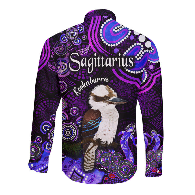 australian-astrology-hawaii-long-sleeve-button-shirt-sagittarius-kookaburra-zodiac-aboriginal-vibes-purple