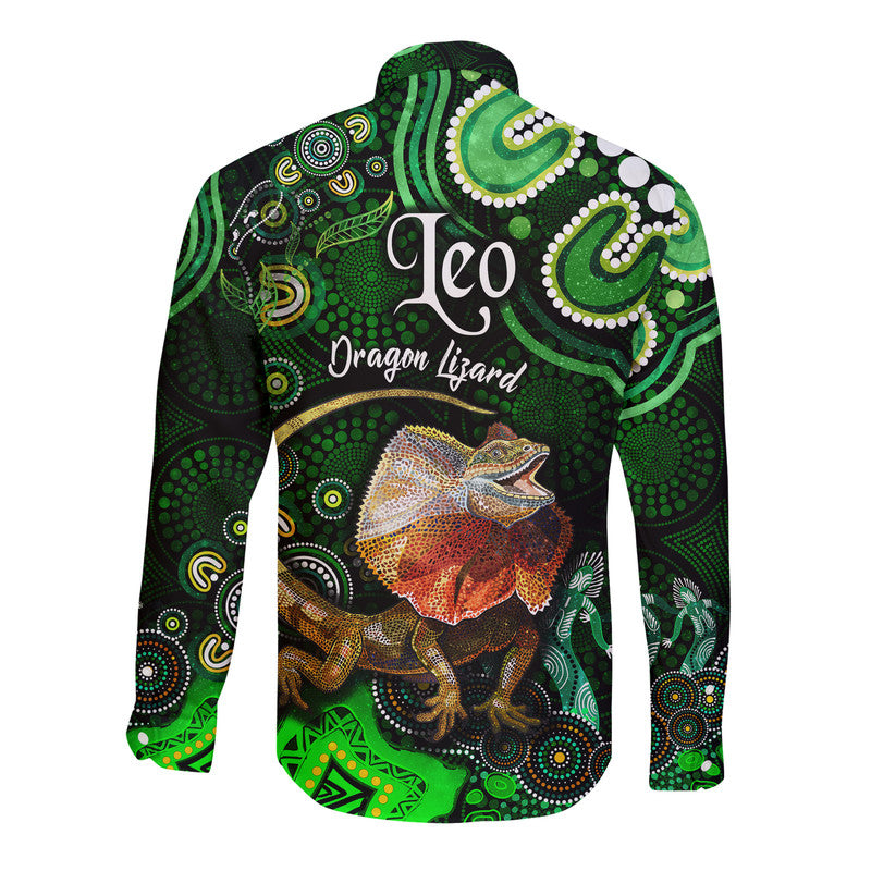 australian-astrology-hawaii-long-sleeve-button-shirt-leo-dragon-lizard-zodiac-aboriginal-vibes-green