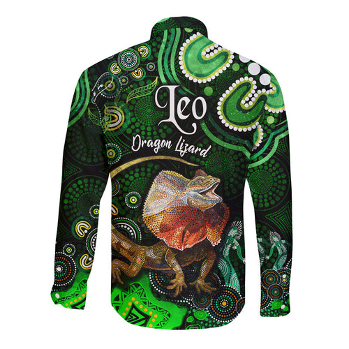 australian-astrology-hawaii-long-sleeve-button-shirt-leo-dragon-lizard-zodiac-aboriginal-vibes-green