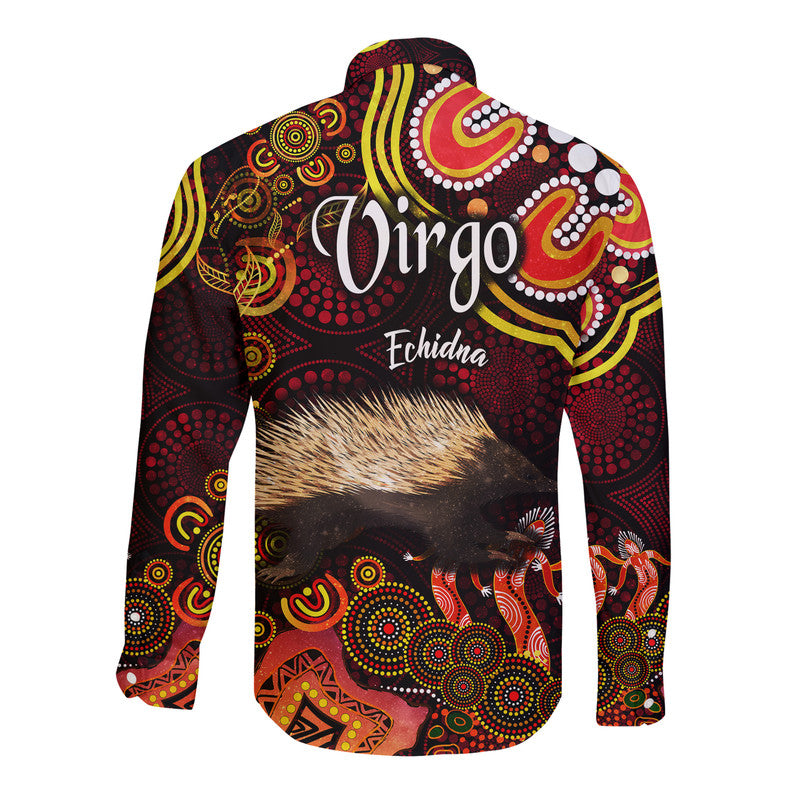 australian-astrology-hawaii-long-sleeve-button-shirt-virgo-echidna-zodiac-aboriginal-vibes-red