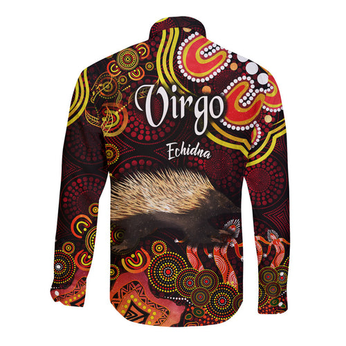 australian-astrology-hawaii-long-sleeve-button-shirt-virgo-echidna-zodiac-aboriginal-vibes-red