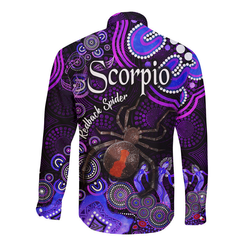 australian-astrology-hawaii-long-sleeve-button-shirt-scorpio-redback-spider-zodiac-aboriginal-vibes-purple