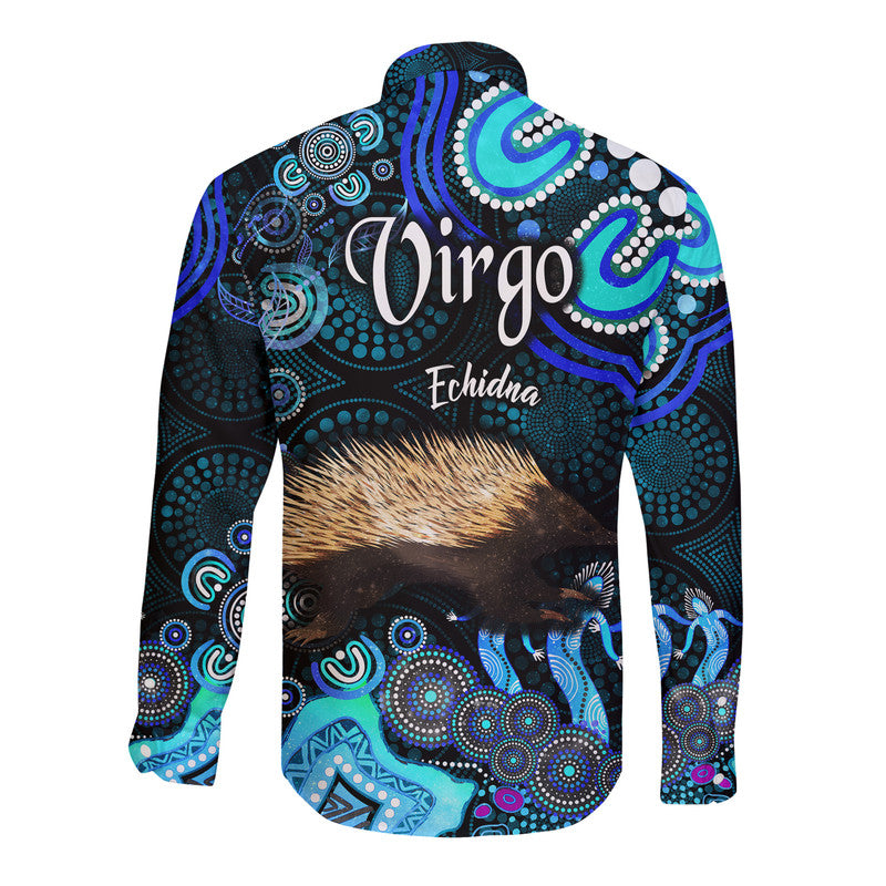 australian-astrology-hawaii-long-sleeve-button-shirt-virgo-echidna-zodiac-aboriginal-vibes-blue