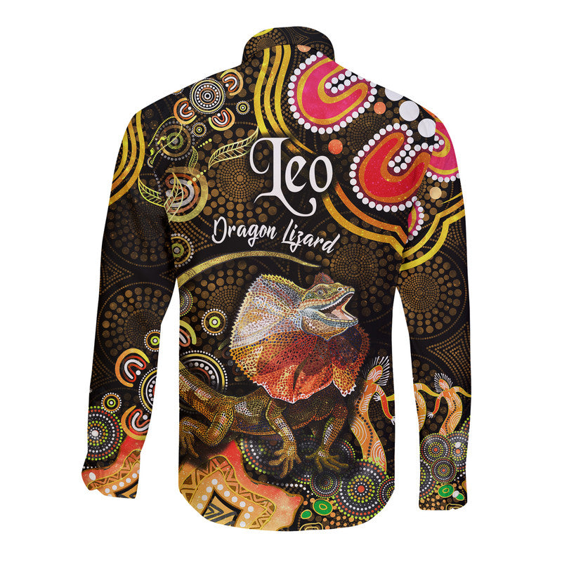 australian-astrology-hawaii-long-sleeve-button-shirt-leo-dragon-lizard-zodiac-aboriginal-vibes-gold