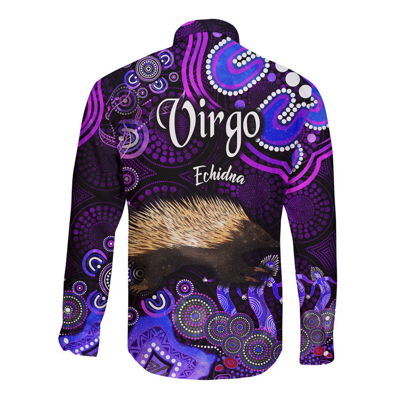 australian-astrology-hawaii-long-sleeve-button-shirt-virgo-echidna-zodiac-aboriginal-vibes-purple