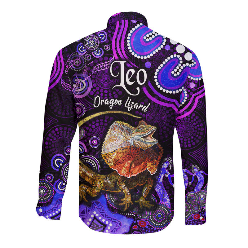 australian-astrology-hawaii-long-sleeve-button-shirt-leo-dragon-lizard-zodiac-aboriginal-vibes-purple