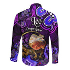 australian-astrology-hawaii-long-sleeve-button-shirt-leo-dragon-lizard-zodiac-aboriginal-vibes-purple