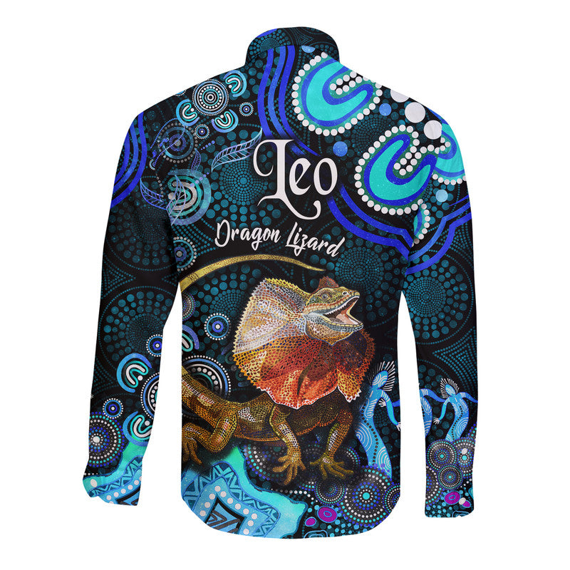 australian-astrology-hawaii-long-sleeve-button-shirt-leo-dragon-lizard-zodiac-aboriginal-vibes-blue