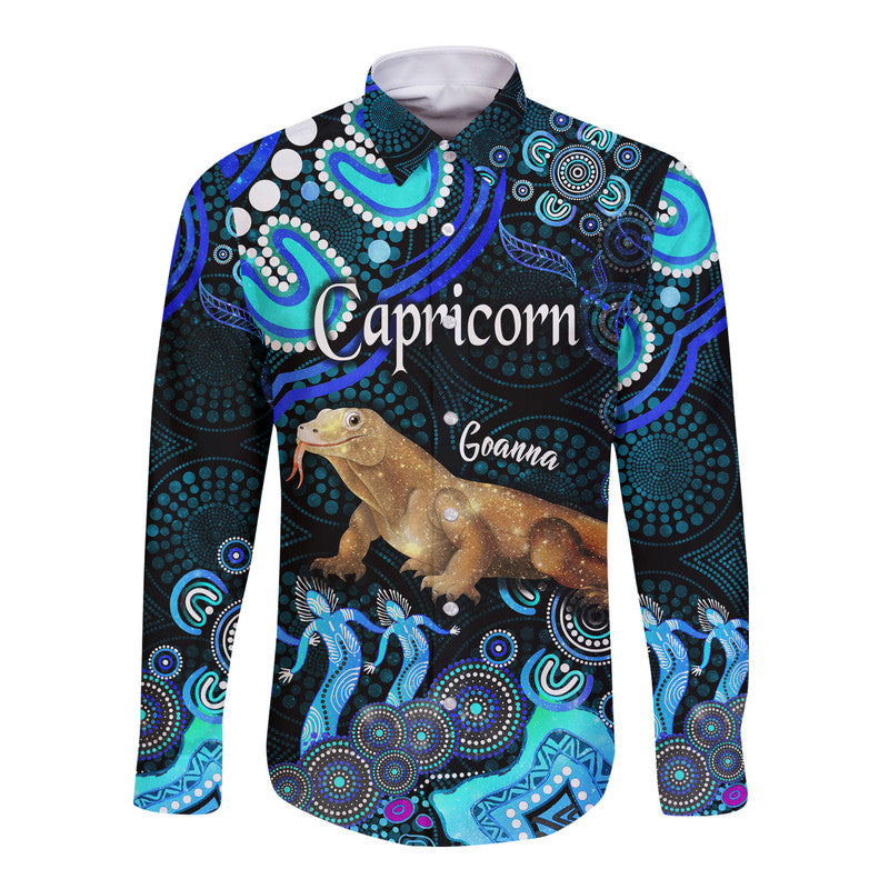 australian-astrology-hawaii-long-sleeve-button-shirt-capricorn-goanna-zodiac-aboriginal-vibes-blue