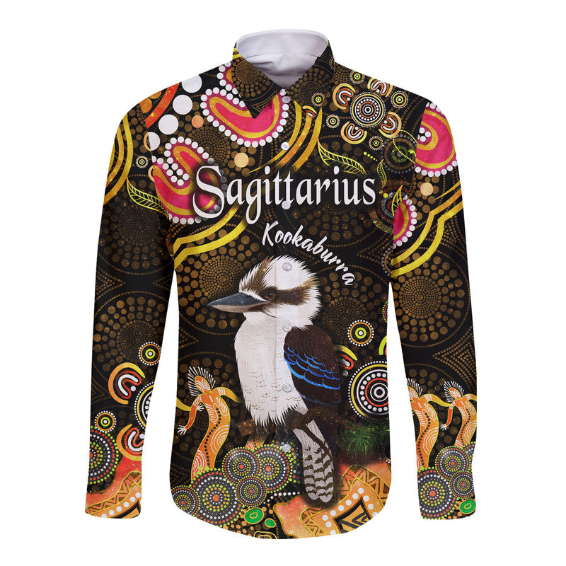 australian-astrology-hawaii-long-sleeve-button-shirt-sagittarius-kookaburra-zodiac-aboriginal-vibes-gold