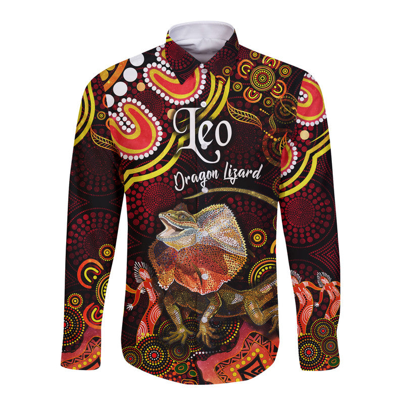australian-astrology-hawaii-long-sleeve-button-shirt-leo-dragon-lizard-zodiac-aboriginal-vibes-red