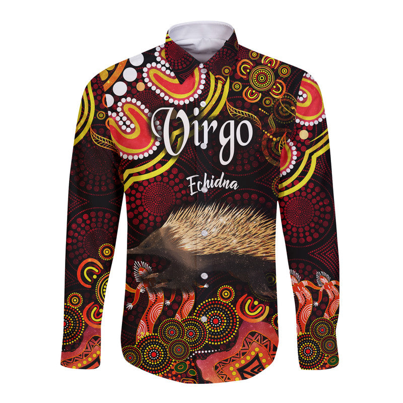 australian-astrology-hawaii-long-sleeve-button-shirt-virgo-echidna-zodiac-aboriginal-vibes-red