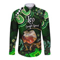 australian-astrology-hawaii-long-sleeve-button-shirt-leo-dragon-lizard-zodiac-aboriginal-vibes-green
