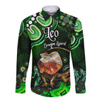 australian-astrology-hawaii-long-sleeve-button-shirt-leo-dragon-lizard-zodiac-aboriginal-vibes-green