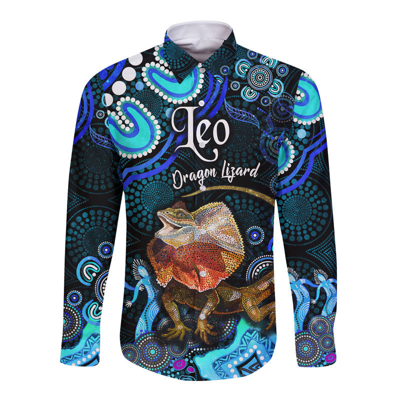 australian-astrology-hawaii-long-sleeve-button-shirt-leo-dragon-lizard-zodiac-aboriginal-vibes-blue