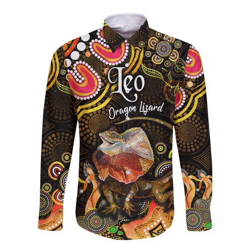 australian-astrology-hawaii-long-sleeve-button-shirt-leo-dragon-lizard-zodiac-aboriginal-vibes-gold