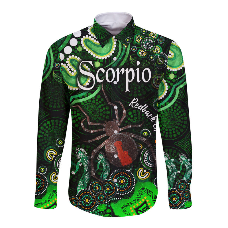 australian-astrology-hawaii-long-sleeve-button-shirt-scorpio-redback-spider-zodiac-aboriginal-vibes-green
