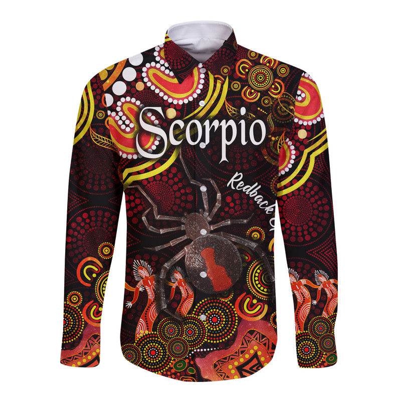 australian-astrology-hawaii-long-sleeve-button-shirt-scorpio-redback-spider-zodiac-aboriginal-vibes-red