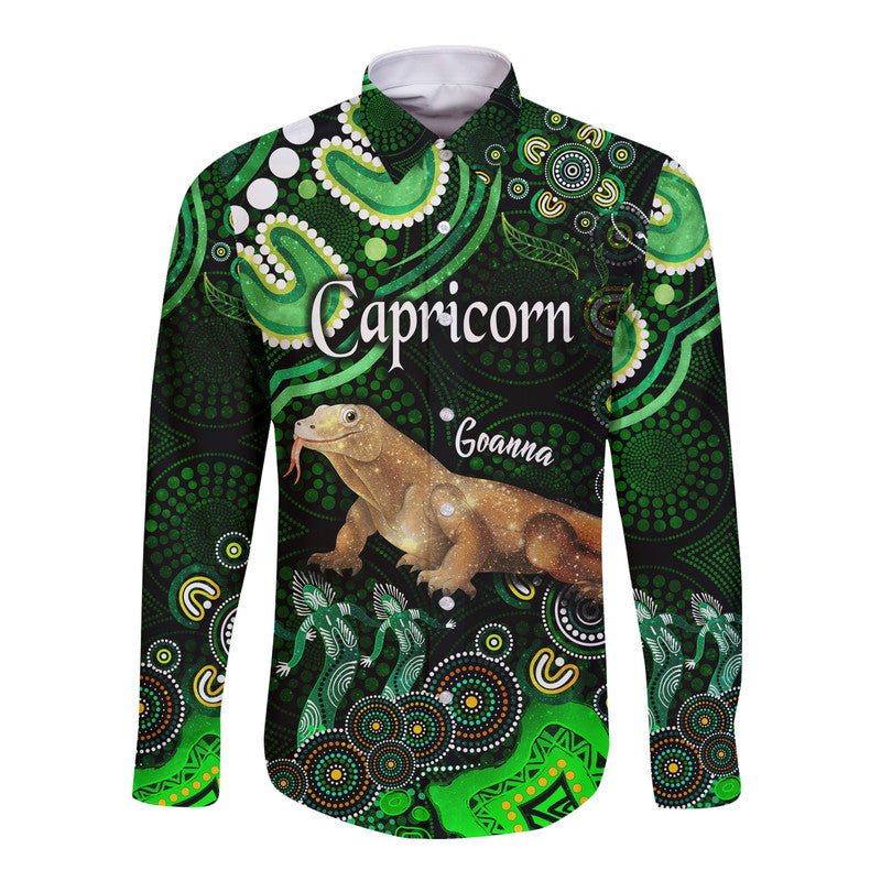 australian-astrology-hawaii-long-sleeve-button-shirt-capricorn-goanna-zodiac-aboriginal-vibes-green