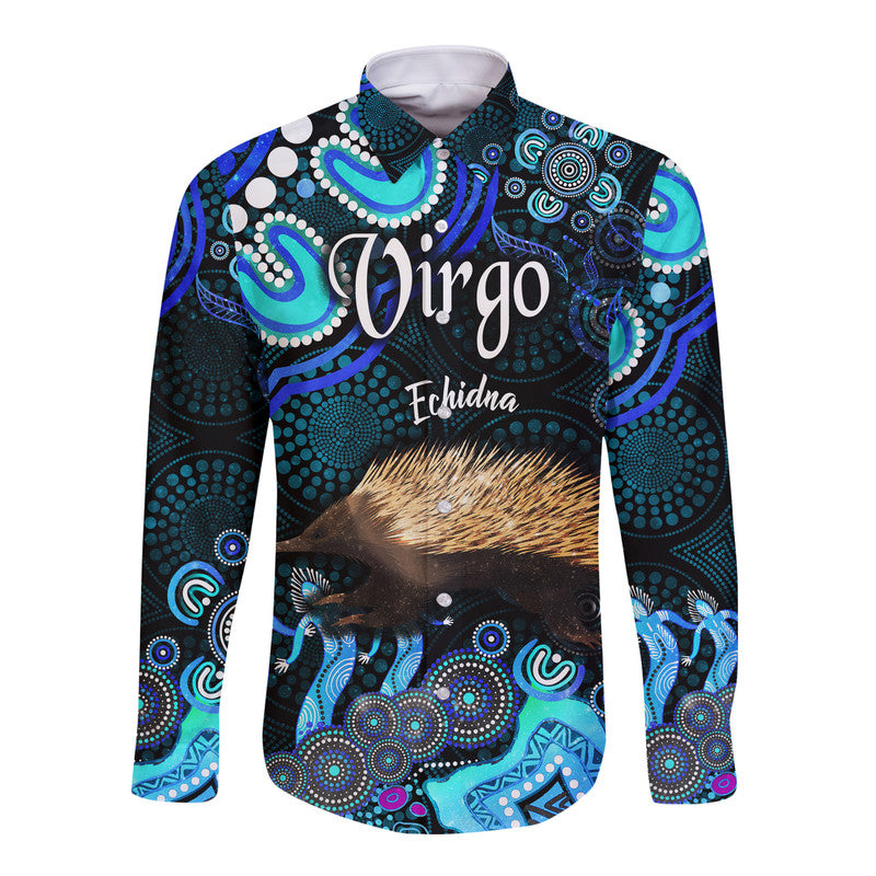 australian-astrology-hawaii-long-sleeve-button-shirt-virgo-echidna-zodiac-aboriginal-vibes-blue