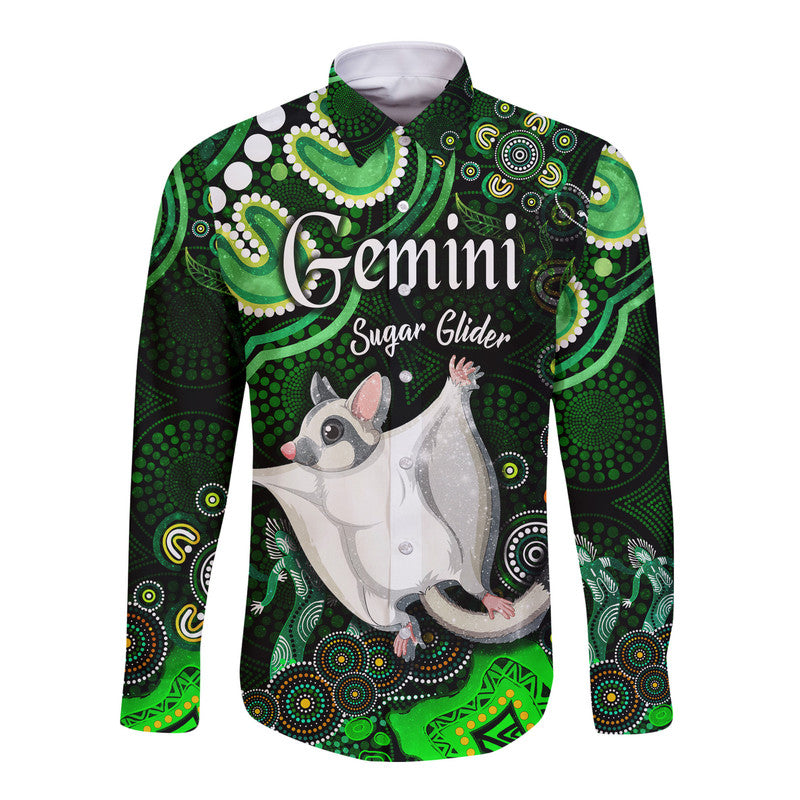 australian-astrology-hawaii-long-sleeve-button-shirt-gemini-sugar-glider-zodiac-aboriginal-vibes-green