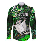 australian-astrology-hawaii-long-sleeve-button-shirt-gemini-sugar-glider-zodiac-aboriginal-vibes-green