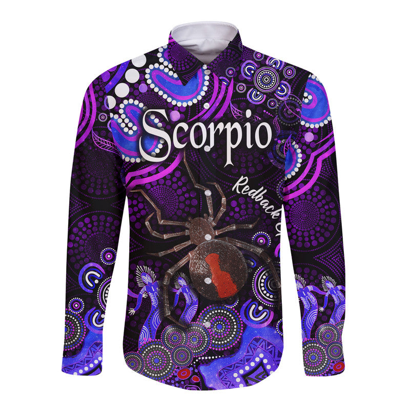 australian-astrology-hawaii-long-sleeve-button-shirt-scorpio-redback-spider-zodiac-aboriginal-vibes-purple