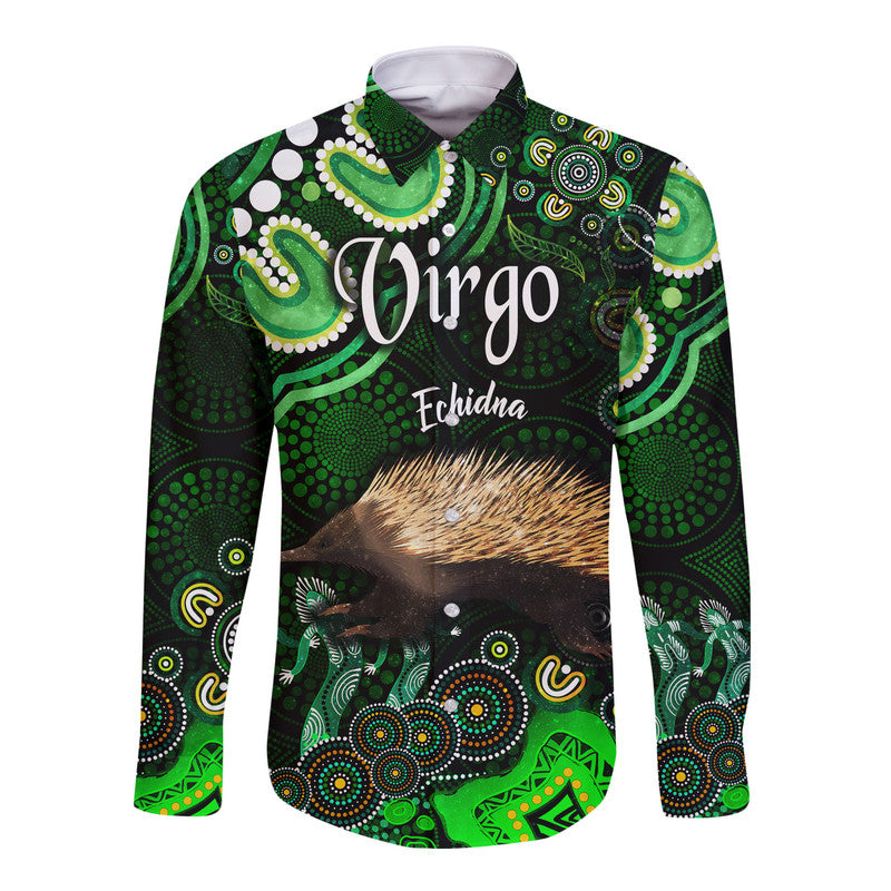 australian-astrology-hawaii-long-sleeve-button-shirt-virgo-echidna-zodiac-aboriginal-vibes-green