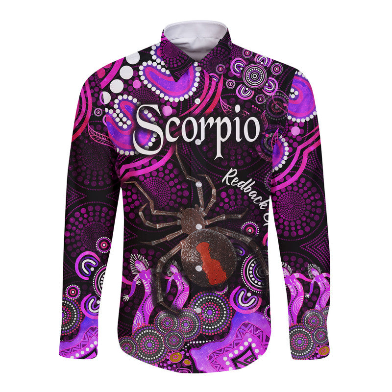 australian-astrology-hawaii-long-sleeve-button-shirt-scorpio-redback-spider-zodiac-aboriginal-vibes-pink