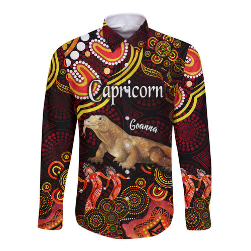 australian-astrology-hawaii-long-sleeve-button-shirt-capricorn-goanna-zodiac-aboriginal-vibes-red