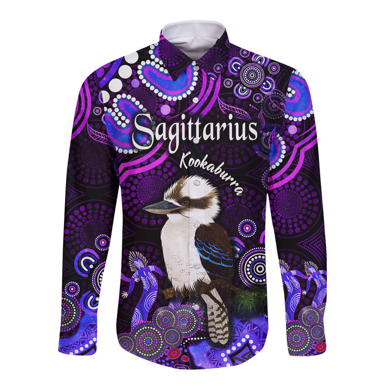 australian-astrology-hawaii-long-sleeve-button-shirt-sagittarius-kookaburra-zodiac-aboriginal-vibes-purple