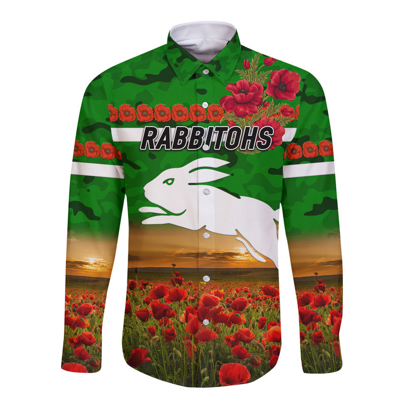 custom-personalised-south-sydney-rabbitohs-anzac-2022-hawaii-long-sleeve-button-shirt-poppy-flowers-vibes-green