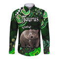 australian-astrology-hawaii-long-sleeve-button-shirt-taurus-wombat-zodiac-aboriginal-vibes-green