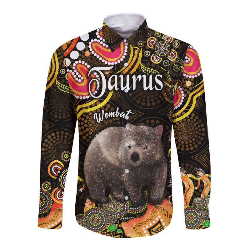 custom-personalised-australian-astrology-hawaii-long-sleeve-button-shirt-taurus-wombat-zodiac-aboriginal-vibes-gold