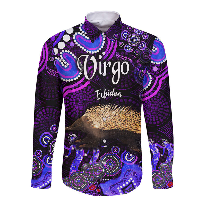 australian-astrology-hawaii-long-sleeve-button-shirt-virgo-echidna-zodiac-aboriginal-vibes-purple