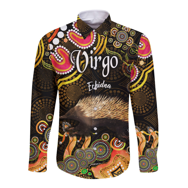australian-astrology-hawaii-long-sleeve-button-shirt-virgo-echidna-zodiac-aboriginal-vibes-gold