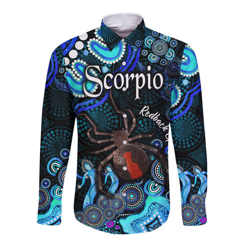 australian-astrology-hawaii-long-sleeve-button-shirt-scorpio-redback-spider-zodiac-aboriginal-vibes-blue