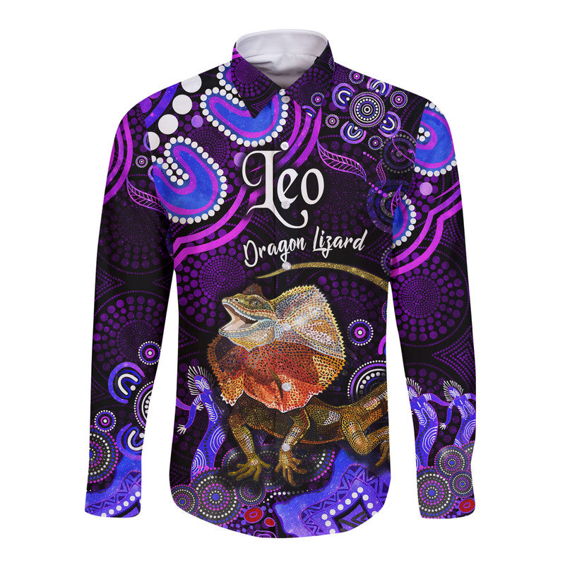 australian-astrology-hawaii-long-sleeve-button-shirt-leo-dragon-lizard-zodiac-aboriginal-vibes-purple