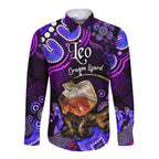 australian-astrology-hawaii-long-sleeve-button-shirt-leo-dragon-lizard-zodiac-aboriginal-vibes-purple