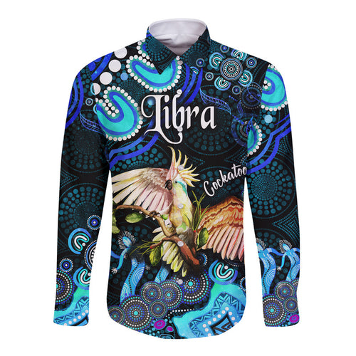 australian-astrology-hawaii-long-sleeve-button-shirt-libra-cockatoo-glider-zodiac-aboriginal-vibes-blue