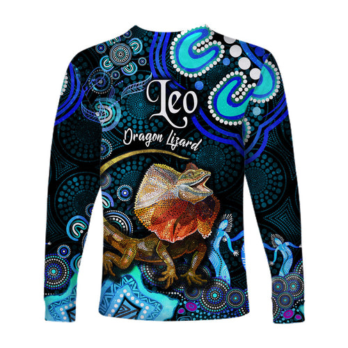 australian-astrology-long-sleeve-shirt-leo-dragon-lizard-zodiac-aboriginal-vibes-blue