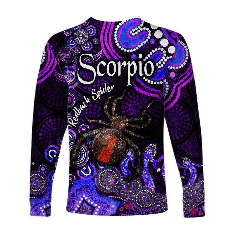 australian-astrology-long-sleeve-shirt-scorpio-redback-spider-zodiac-aboriginal-vibes-purple