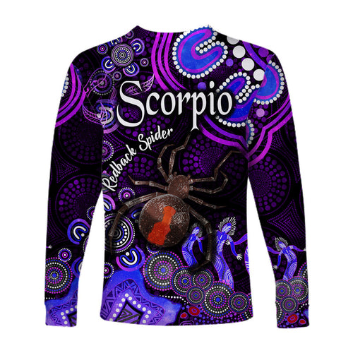 australian-astrology-long-sleeve-shirt-scorpio-redback-spider-zodiac-aboriginal-vibes-purple