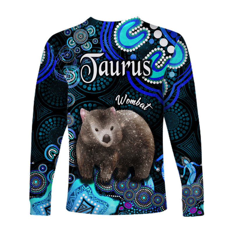 australian-astrology-long-sleeve-shirt-taurus-wombat-zodiac-aboriginal-vibes-blue