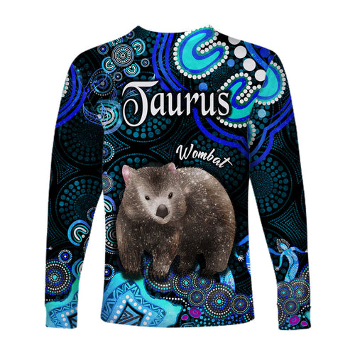 australian-astrology-long-sleeve-shirt-taurus-wombat-zodiac-aboriginal-vibes-blue