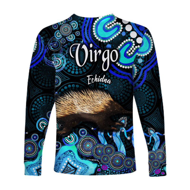 australian-astrology-long-sleeve-shirt-virgo-echidna-zodiac-aboriginal-vibes-blue