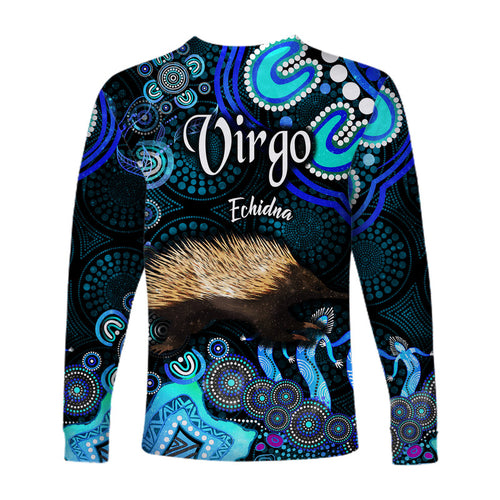 australian-astrology-long-sleeve-shirt-virgo-echidna-zodiac-aboriginal-vibes-blue