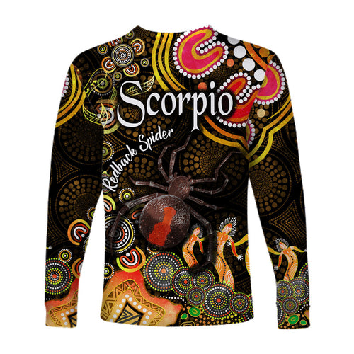 australian-astrology-long-sleeve-shirt-scorpio-redback-spider-zodiac-aboriginal-vibes-gold